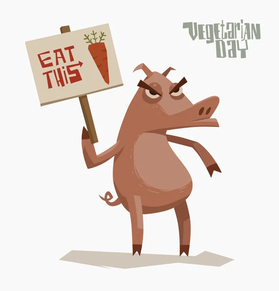 Cerdo enojado sosteniendo cartel en apoyo del vegetarianismo — Vector de stock
