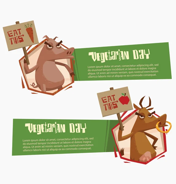 Angry pig and cow horizontal green banners — 图库矢量图片