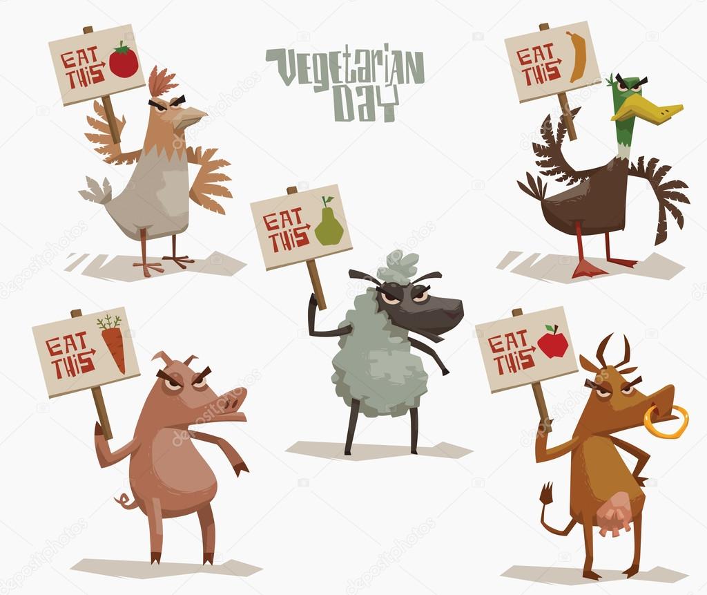 Angry Animals holding posters in support of vegetarianism set