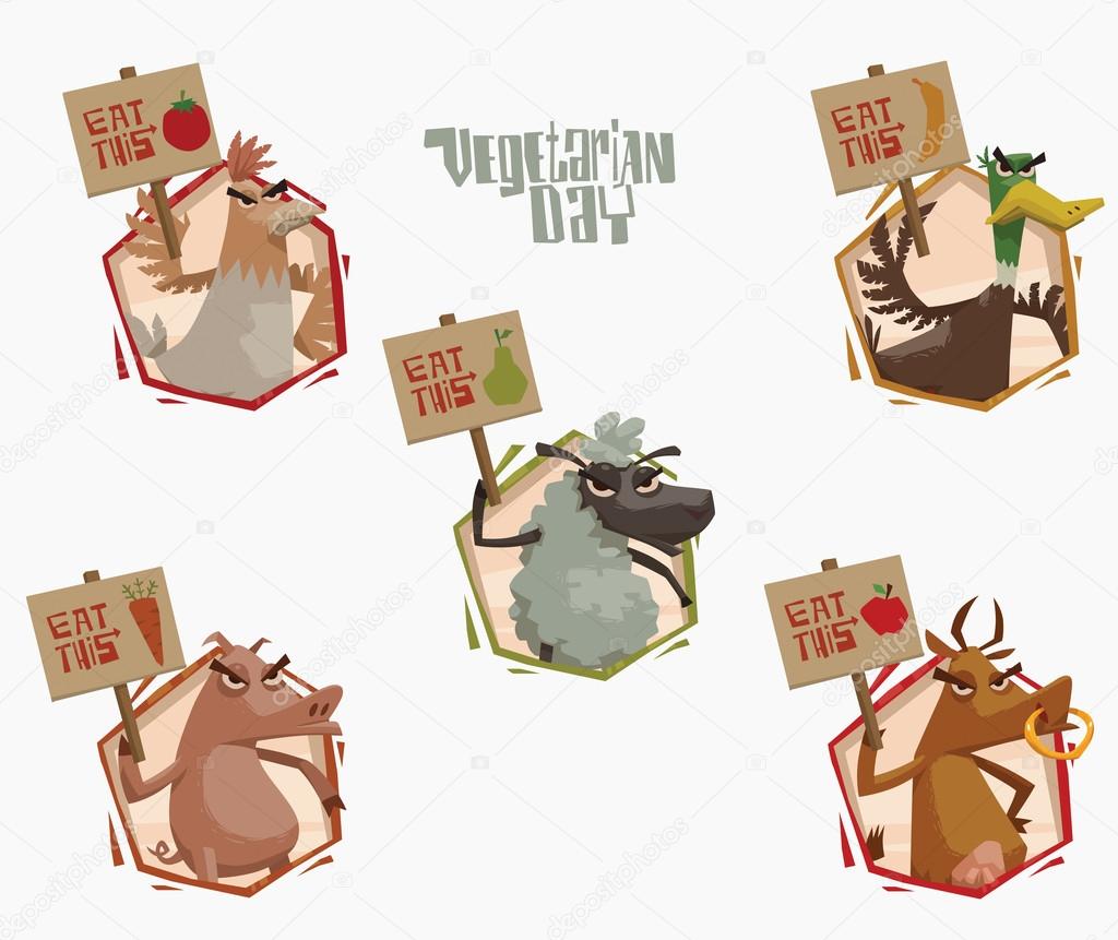 Angry Animals holding posters in support of vegetarianism emblems set