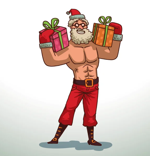 Starker Weihnachtsmann mit rosa und orangen Geschenken — Stockvektor