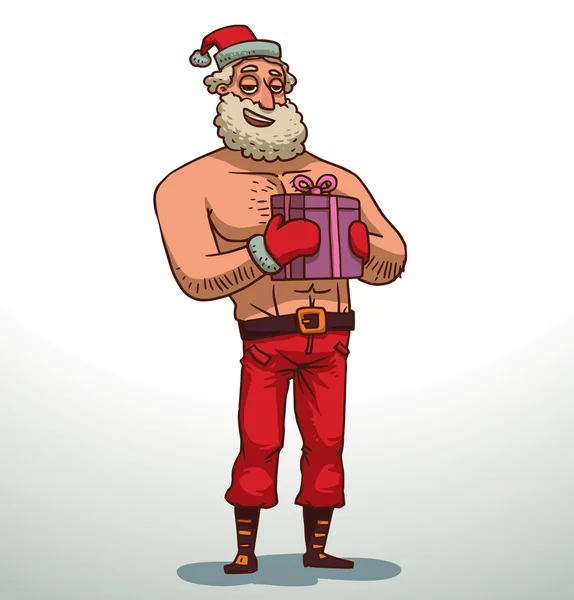 Strong Santa Claus with a purple gift — Stock Vector