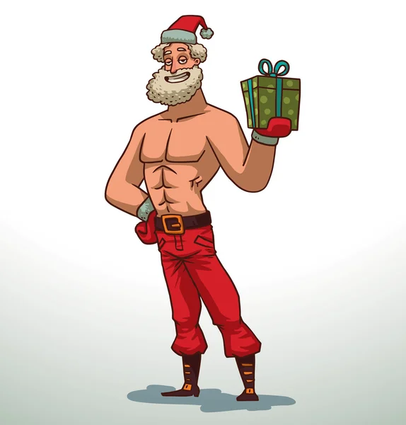 Strong Santa Claus with a green gift — Διανυσματικό Αρχείο