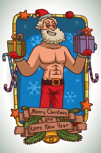 Carte de Noël Père Noël fort avec des cadeaux verts et violets — Image vectorielle