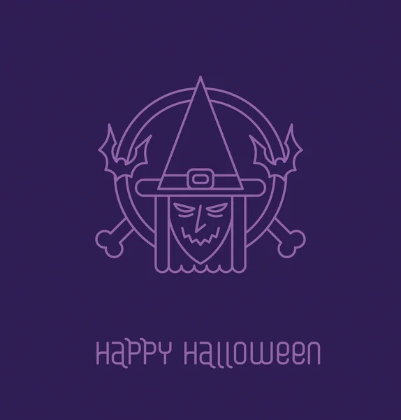 Emblema de Halloween azul profundo com bruxa em estilo esboço — Vetor de Stock