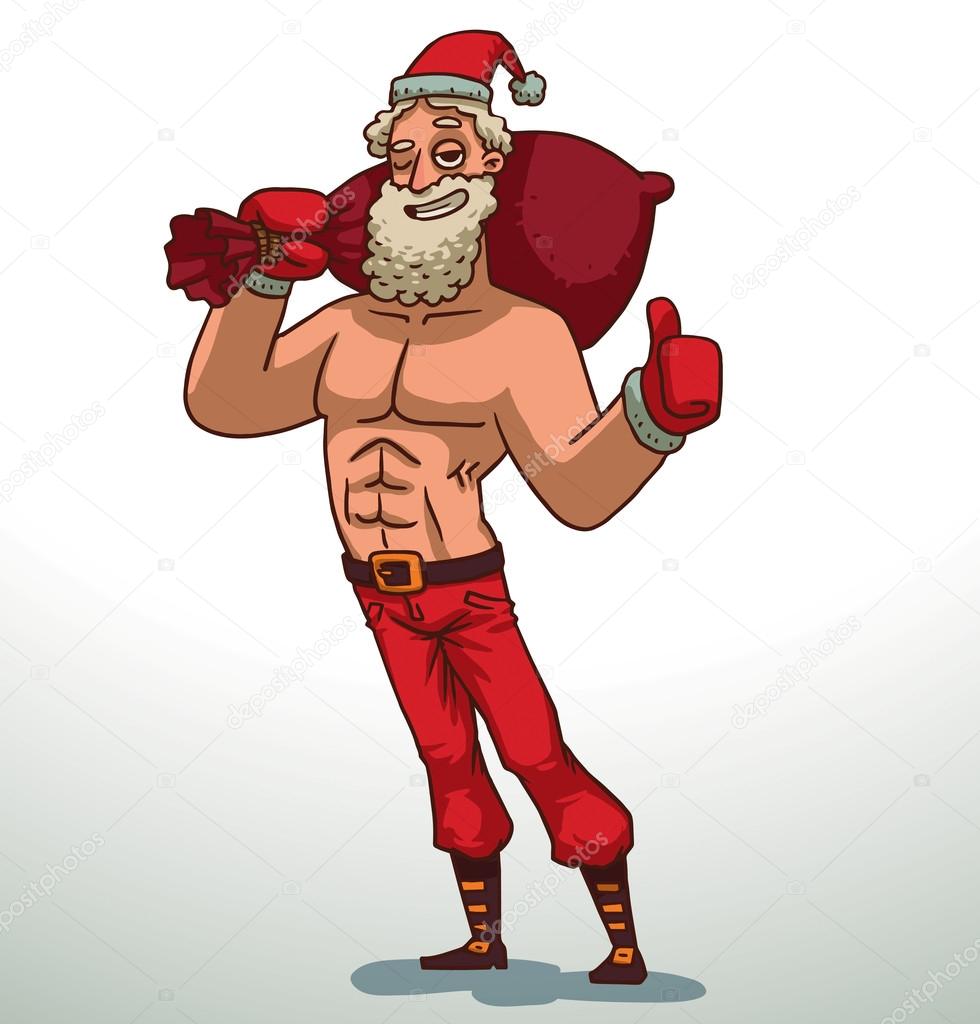 Strong Santa Claus with red bag