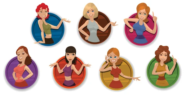 Set of beauty retro girls, round labels — Stock Vector