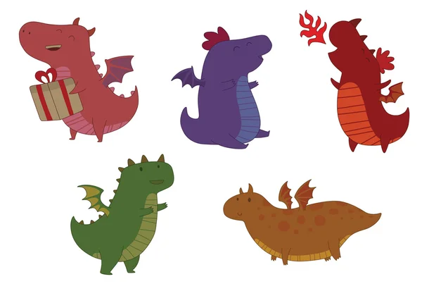 Conjunto de pequeños dragones coloridos lindo — Vector de stock