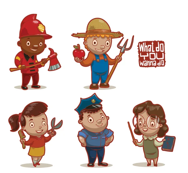 Set of five children different occupations — 图库矢量图片