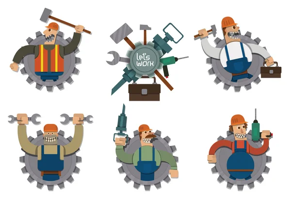 Set of labels with Strong workers in flat style — Stock vektor