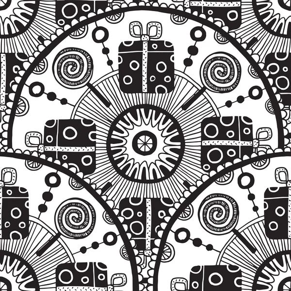 Etnische doodle zwart-wit naadloze ronde patroon met geschenken — Stockvector