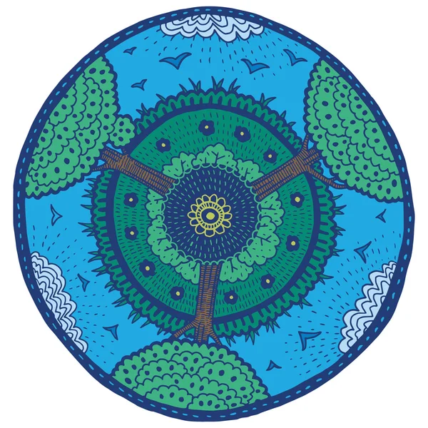 Ethnische Kritzelei farbiges rundes Muster mit Bäumen — Stockvektor