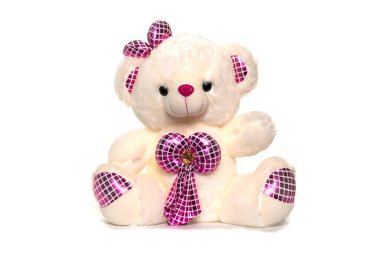 Kabarık tüylü oyuncak ayı beyaz arka planda izole edilmiş..