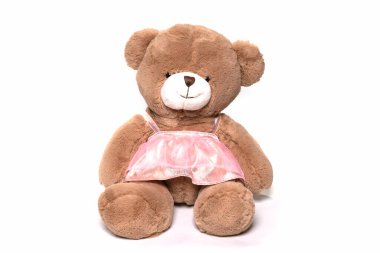 Kabarık tüylü oyuncak ayı beyaz arka planda izole edilmiş..