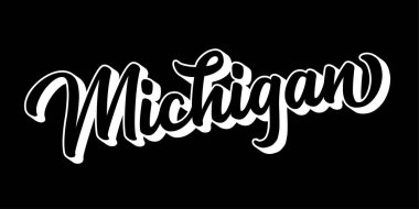 El çizimi MICHIGAN metni. 3D vintage, poster, çıkartma, el ilanı, başlık, kart, kıyafet, giyim