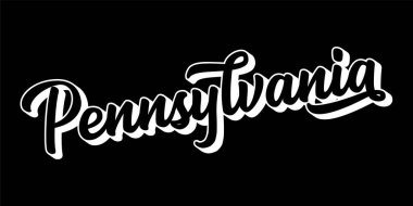 Penn SYLVANIA metni elle çizilmiş. 3D vintage, poster, çıkartma, el ilanı, başlık, kart, kıyafet, giyim