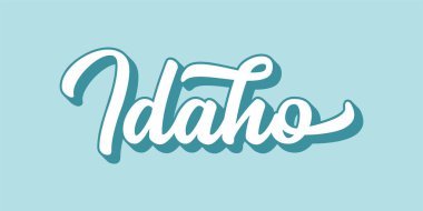 El çizimi IDAHO metni. 3D vintage, poster, çıkartma, el ilanı, başlık, kart, kıyafet, giyim