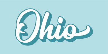 El çizimi OHIO metni. 3D vintage, poster, çıkartma, el ilanı, başlık, kart, kıyafet, giyim