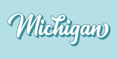 El çizimi MICHIGAN metni. 3D vintage, poster, çıkartma, el ilanı, başlık, kart, kıyafet, giyim