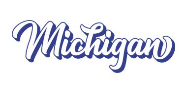 El çizimi MICHIGAN metni. 3D vintage, poster, çıkartma, el ilanı, başlık, kart, kıyafet, giyim
