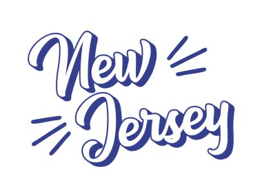 Elle çizilmiş yeni JERSEY metni. 3D vintage, poster, çıkartma, el ilanı, başlık, kart, kıyafet, giyim.