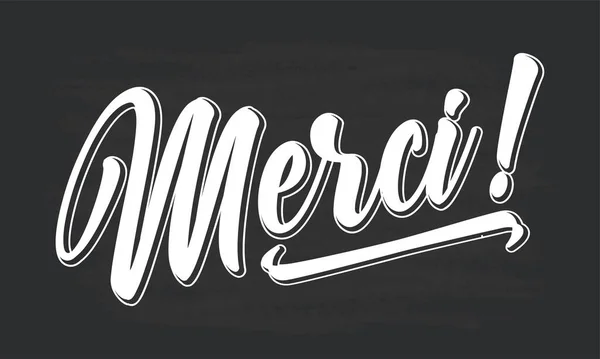 Ручной набросок цитаты MERCI на французском в качестве логотипа. Перевод: Спасибо. Буква для баннера, заголовка, открытки, плаката, флаера — стоковый вектор