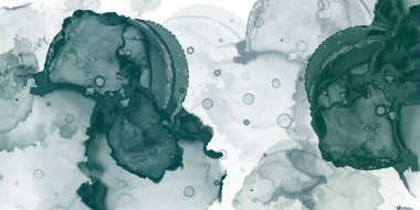 Soyut yeşil sıvı boyalı arka plan. Alkol mürekkebi ya da suluboya resim. Poster, kart, davetiye, broşür, kapak, afiş, sosyal medya paylaşımı için düzenlenebilir vektör dokusu.