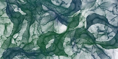 Soyut yeşil sıvı boyalı arka plan. Alkol mürekkebi ya da suluboya resim. Poster, kart, davetiye, el ilanı, kapak, afiş, sosyal medya paylaşımı için düzenlenebilir vektör dokusu arkaplanı.