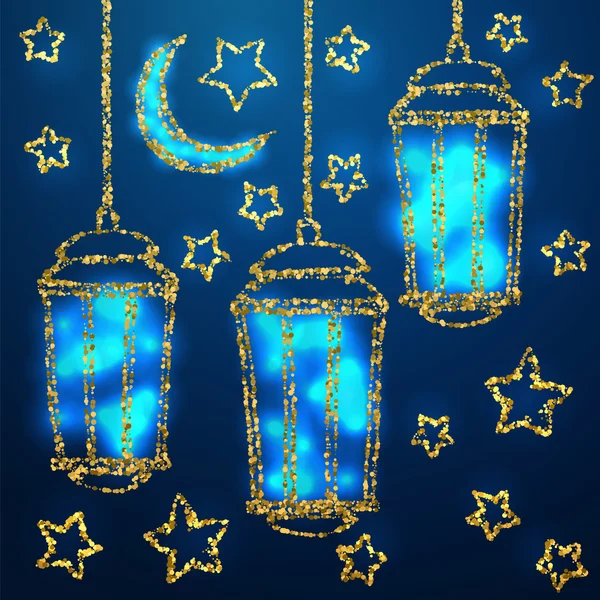 Ramadan Kareem greeting with golden lanterns — Stock Vector