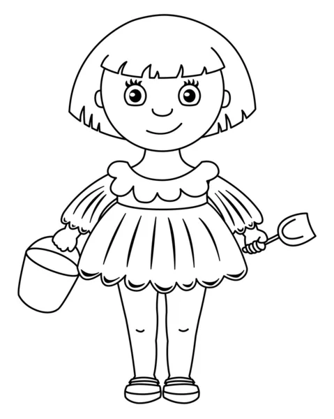 Little girl in dress with bucket and shovel — Stock Vector
