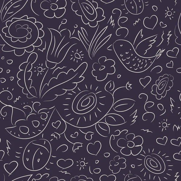 Seamless pattern outline doodles bird flowers — Stock Vector