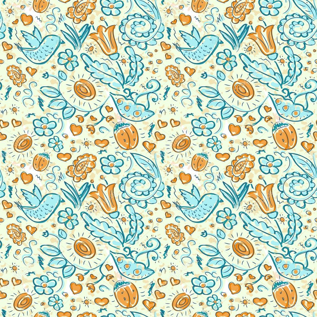 Seamless doodles birds and flowers grunge pattern