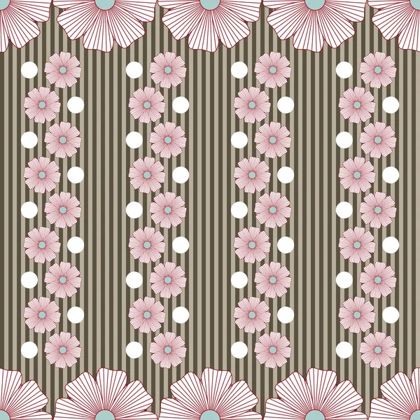 Patrón con rayas de flores y puntos blancos — Archivo Imágenes Vectoriales