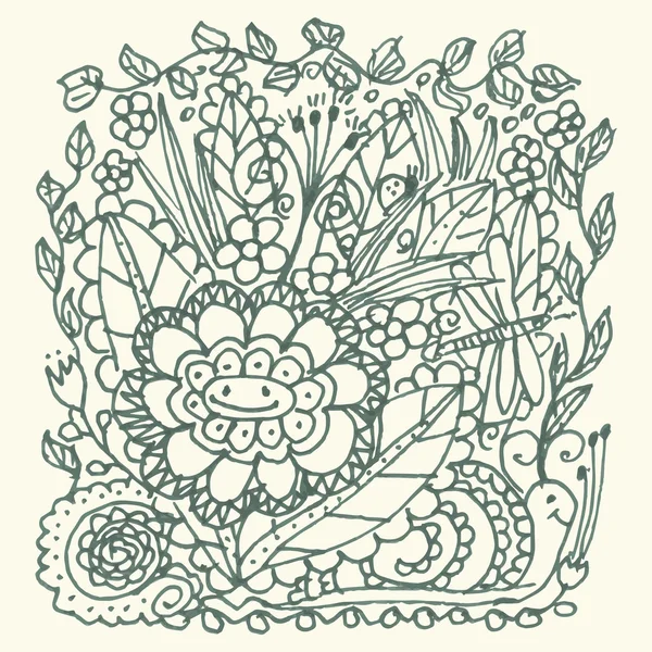 Сад каракулей с цветами и насекомыми — стоковый вектор