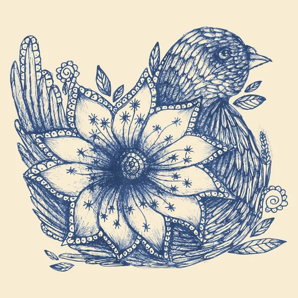 Pássaro e flor de rabiscos desenhados à mão — Vetor de Stock
