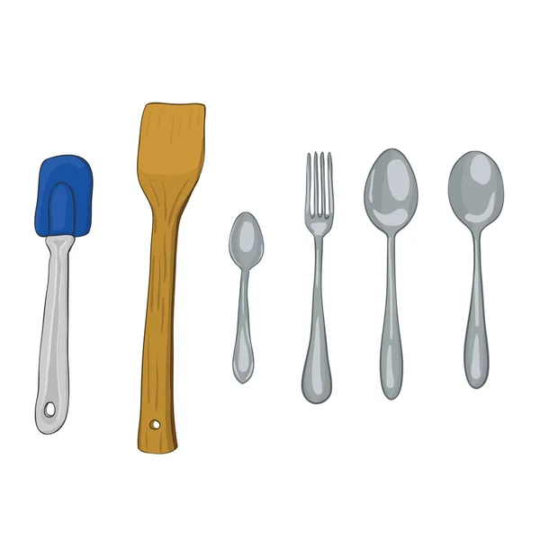 Utensilios de cocina de madera y metal — Vector de stock