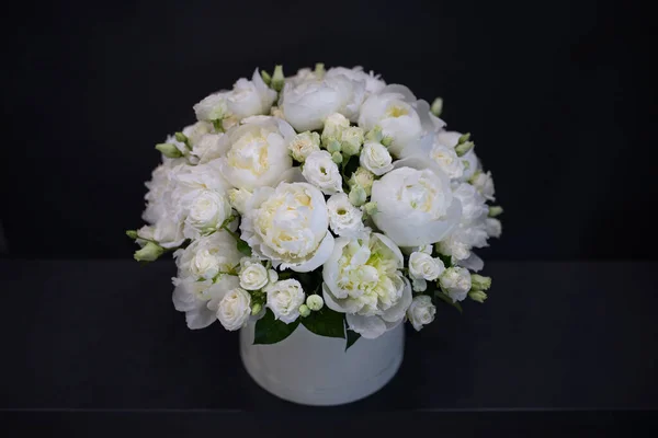 白色的牡丹收集在一篇作文中 新鲜的 自然的花 在黑暗的背景下 图库图片