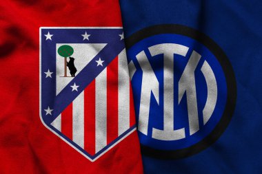 Pringsewu, Lampung; 12 Kasım 2025; UEFA Şampiyonlar Ligi maçında Inter Milan 'a karşı Atletico Madrid futbol kulübü logosunun orijinal dalgalı kumaşı