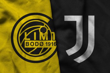 Pringsewu, Lampung; 12 Kasım 2025; UEFA Şampiyonlar Ligi maçında Bodo Glimit futbol kulübü logosunun orijinal dalgalı kumaşı Juventus 'a karşı