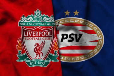 Pringsewu, Lampung; 12 Kasım 2025; UEFA Şampiyonlar Ligi maçında Liverpool futbol kulübü logosunun orijinal dalgalı kumaşı PSV 'ye karşı