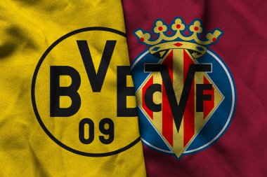 Pringsewu, Lampung; 12 Kasım 2025; UEFA Şampiyonlar Ligi maçında Vilarreal 'e karşı oynanan Dortmund futbol kulübü logosunun orijinal dalgalı kumaşı