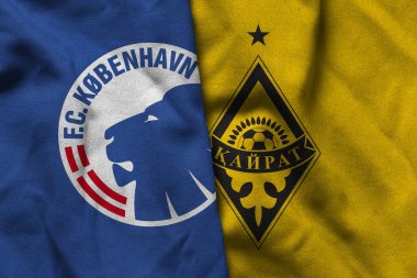 Pringsewu, Lampung; 12 Kasım 2025; UEFA Şampiyonlar Ligi maçında Kairat 'a karşı Kopenhag futbol kulübü logosunun orijinal dalgalı kumaşı