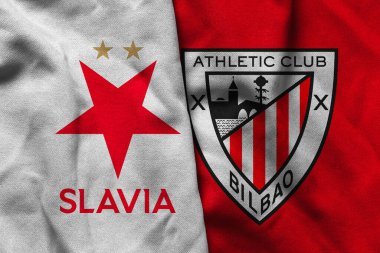 Pringsewu, Lampung; 12 Kasım 2025; UEFA Şampiyonlar Ligi maçında Slavia Praha futbol kulübü logosunun orijinal dalgalı kumaşı ile Atletizm Kulübü karşılaşması