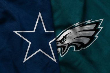 Pringsewu, Lampung; 23 Kasım 2025; Amerikan Futbol Takımı Dallas Cowboys 'un logosu ve Philadelphia Eangle' ın birleşimi ile sallanan bir bayrak deseni.