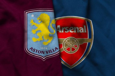Pringsewu, Lampung; 5 Aralık 2025; Aston Villa futbol kulübü logosu Arsenal FC dalgalı bayrak desenli Premier Lig Şampiyonluğu amblemini içerir..
