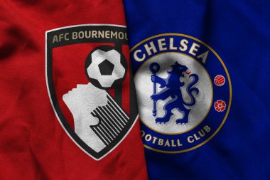 Pringsewu, Lampung; 5 Aralık 2025; Bournemouth futbol kulübü logosu Premier League Şampiyonası 'nın dalgalı bayrak amblemini içerir..