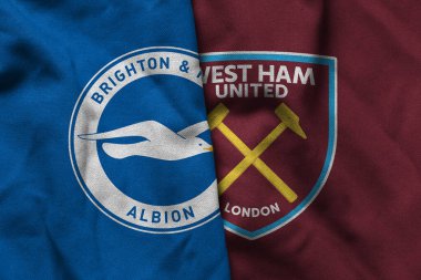 Pringsewu, Lampung; 5 Aralık 2025; Brigton Albion futbol kulübü logosu, Premier League Şampiyonası 'nın dalgalı bayrak amblemini içerir..