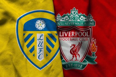 Pringsewu, Lampung; 5 Aralık 2025; Leeds futbol kulübü logosu, Premier League Şampiyonası 'nın Liverpool fc dalgalı bayrak amblemini içerir..