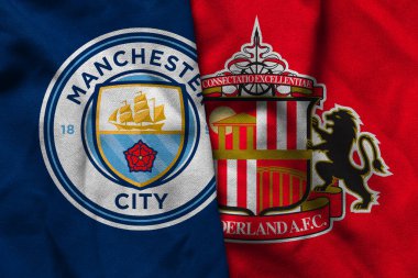 Pringsewu, Lampung; 5 Aralık 2025; Manchester City futbol kulübü logosu Premier League Şampiyonası 'nın Sunderland FC dalgalı bayrak amblemini içerir..