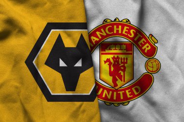 Pringsewu, Lampung; 5 Aralık 2025; Wolves futbol kulübü logosu Manchester United FC 'yi içerir. Premier League Şampiyonasının dalgalı desenli bayrak amblemi.
